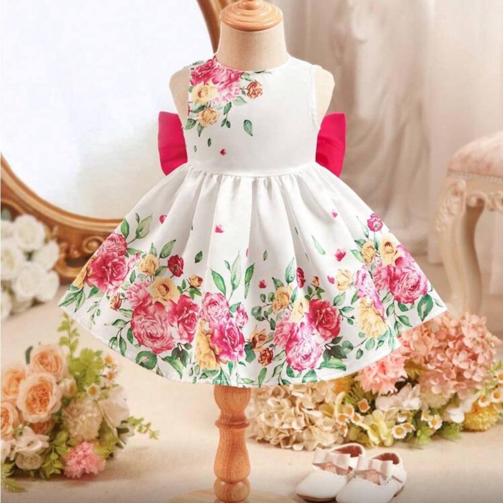 Floral Sleeveless Dress with Pink Bow